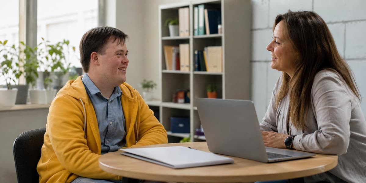 A young adult and a career counselor talk across a small table in a bright office