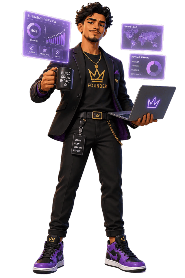 Illustrated founder holding a laptop and coffee beside business dashboards