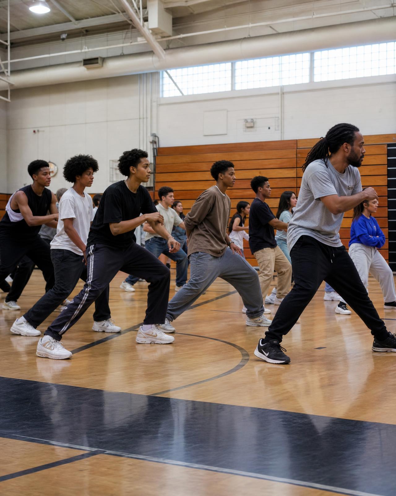 A line of teenagers rehearses a dance routine in a school gym while an instructor leads from the front