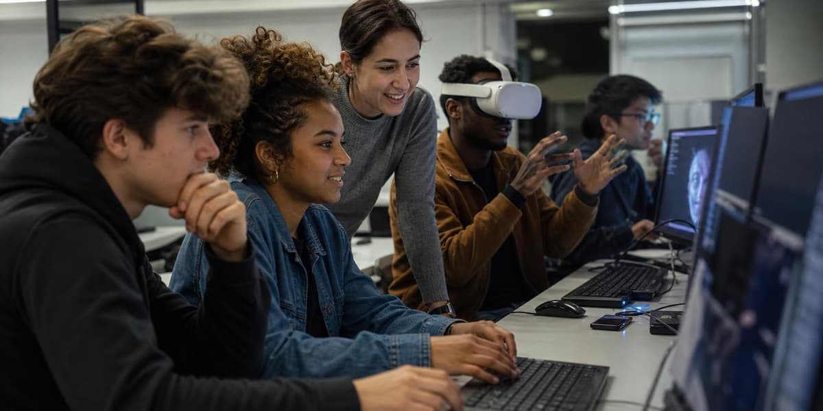 Young adults in a computer lab explore new tools while one classmate tries a VR headset
