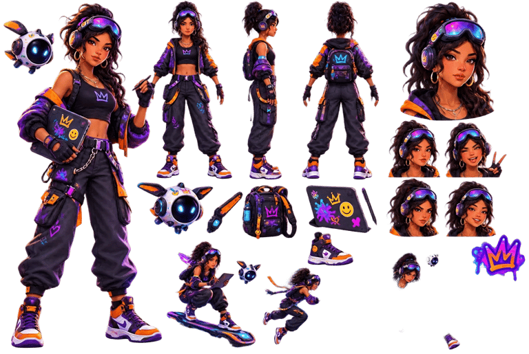 Isometric character design sheet showing a stylized hero from multiple angles with gear and expression studies