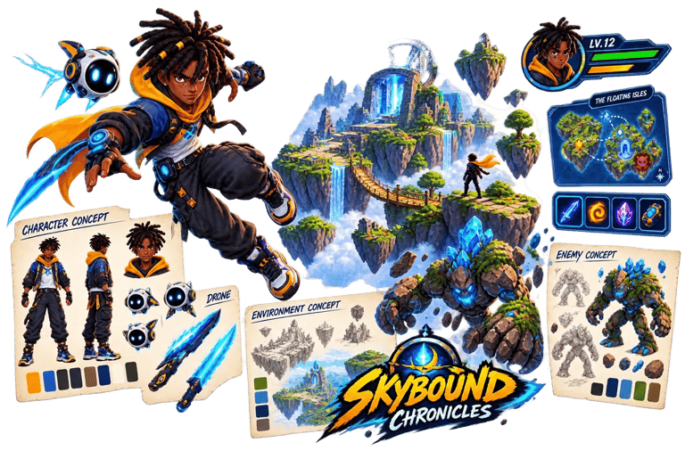 Isometric game concept board with a hero character, world map, enemy sketches and a game logo
