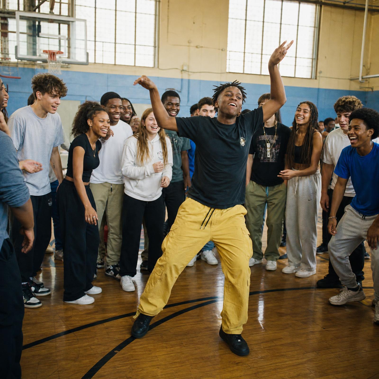 A circle of students in a gym cheers as one classmate dances in the center