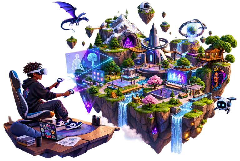 Isometric illustration of a student in a VR chair with a floating world of islands, waterfalls and dragons rising around them