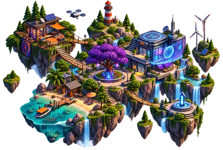 Isometric 3D environment of floating islands with a lighthouse, beach cove, waterfalls and a tech plaza
