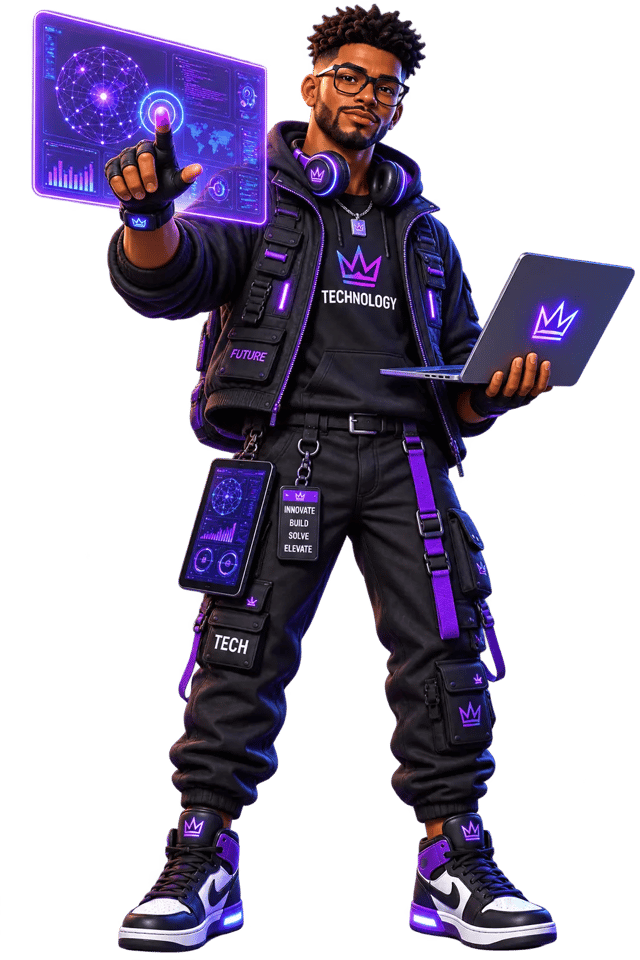 Illustrated technologist touching a holographic data screen while holding a laptop