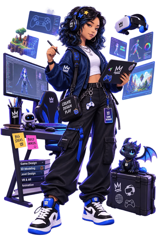 Illustrated game designer with a tablet, headset and floating level designs