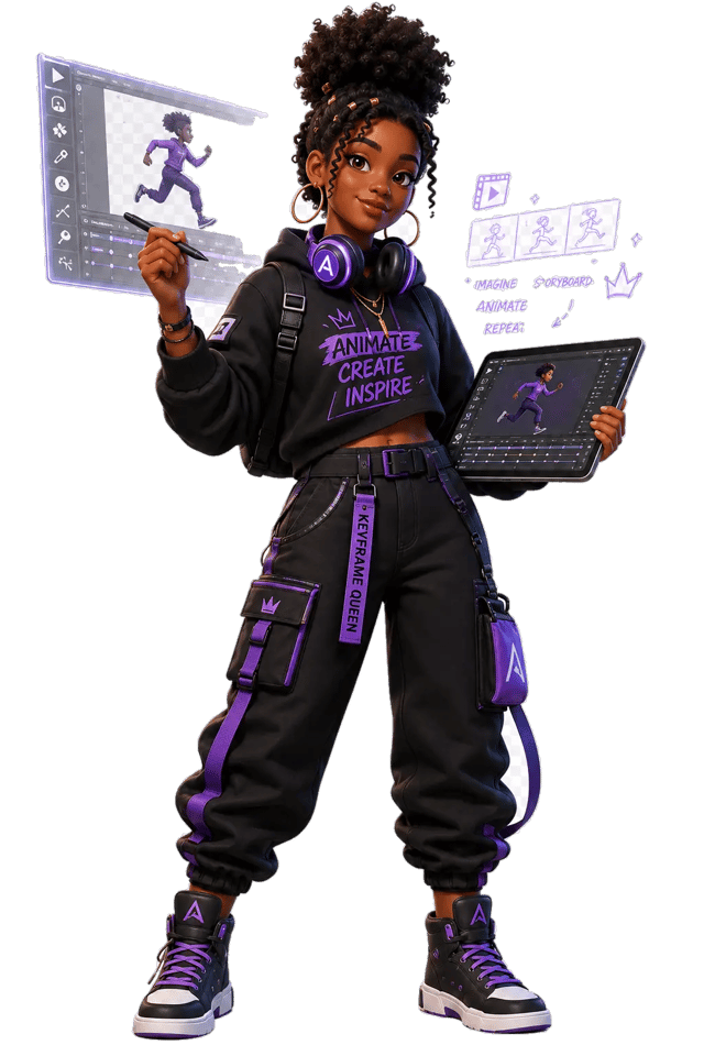 Illustrated animator with a stylus and a tablet showing a running character