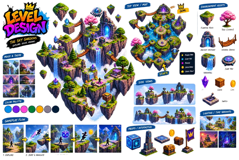 Isometric level design sheet with a floating-islands map, mood shots, color palette and gameplay flow