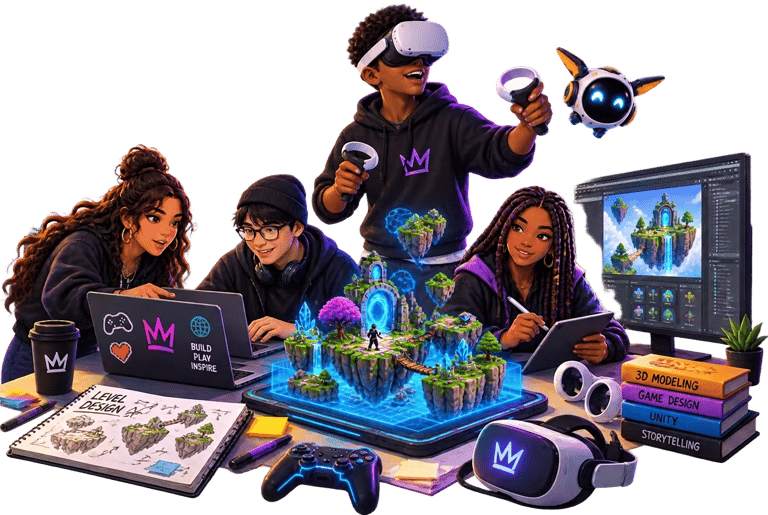 Isometric illustration of a student team building a game together around laptops, a whiteboard and a holographic world