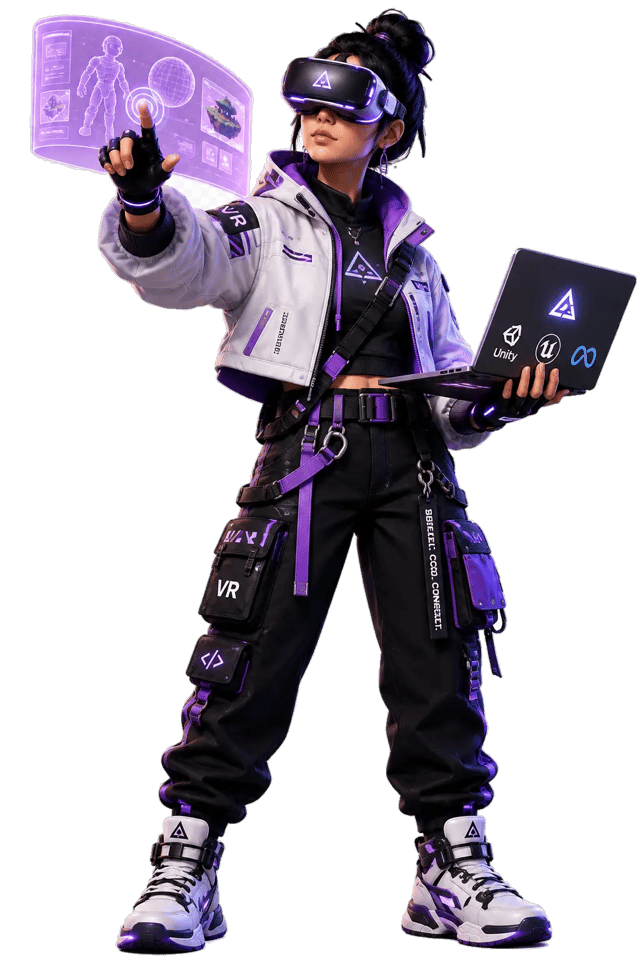 Illustrated VR developer in a headset touching a holographic interface