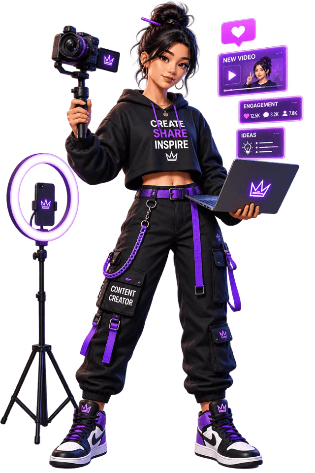 Illustrated content creator with a camera gimbal, ring light and laptop