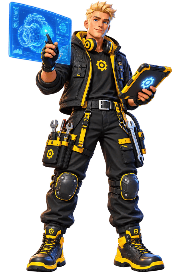Illustrated engineer with tools, a tablet and a holographic gear blueprint