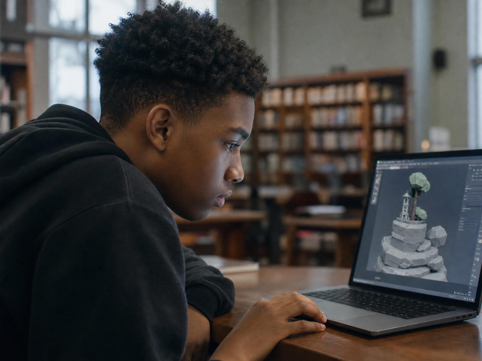 A student sculpts a low-poly 3D island on a laptop in a school library