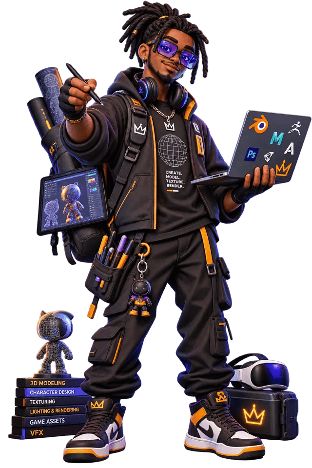 Illustrated 3D artist holding a laptop and stylus beside modeling books