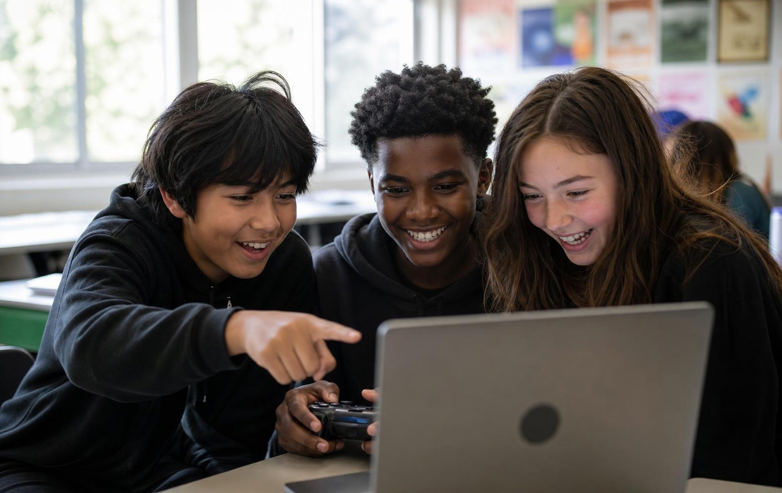 Three students crowd around one laptop, laughing as they play-test a game