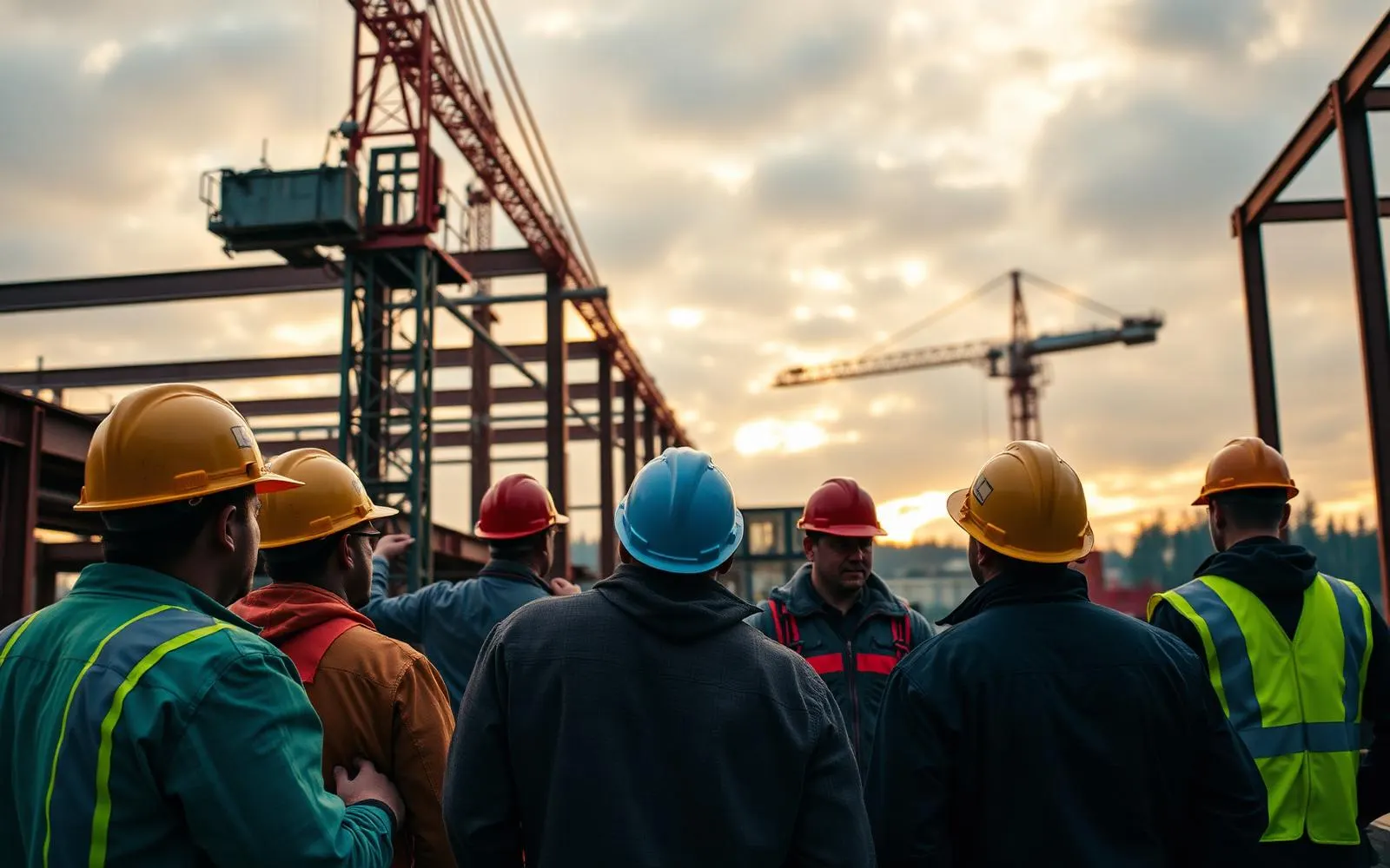 Construction trades workers in hard hats on a steel-frame jobsite