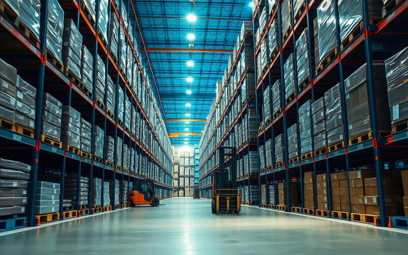 Forklift moving pallets inside a large logistics warehouse