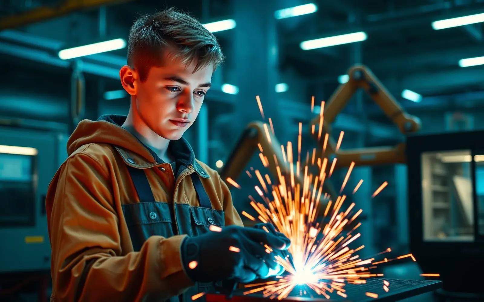 Young apprentice welding in an advanced manufacturing facility