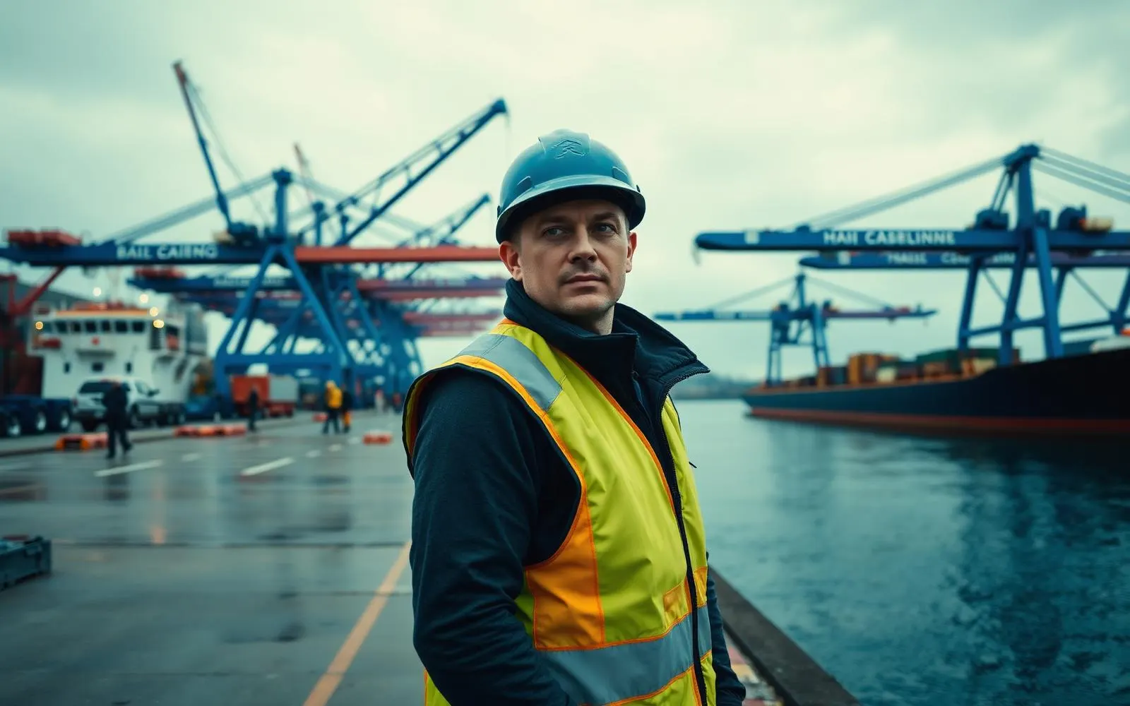 Maritime worker in a hi-vis vest on a waterfront dock beside gantry cranes